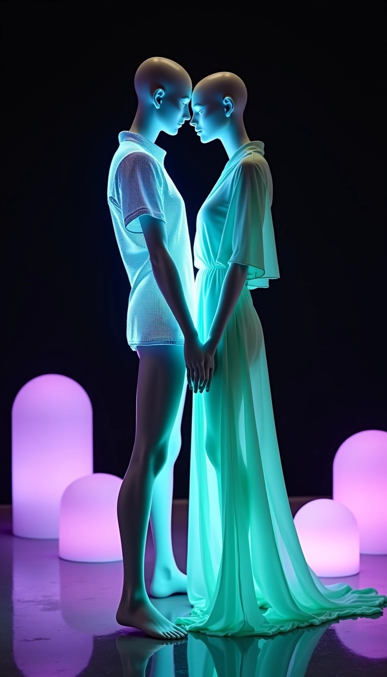 Design two stylized mannequins engaged in an intimate pose against a deep black background. One mannequin wears a short-sleeved, metallic blue shirt that reflects light in rippling waves, while the other dons a long, sheer mint-green robe that softly glows. Eliminate any brand logos and emphasize the fluidity of the fabrics. The environment should feature abstract, softly illuminated shapes in varying hues of purple and pink to create a dreamy, futuristic atmosphere.