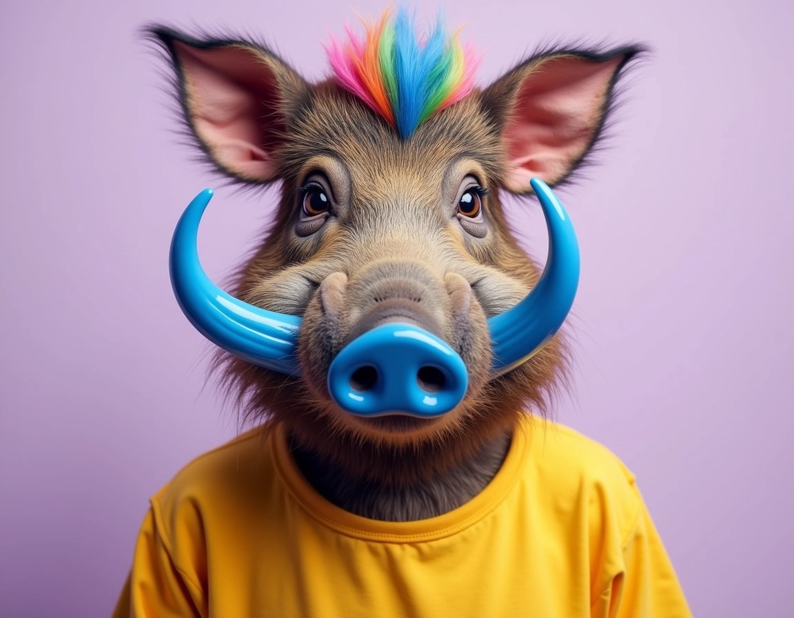 Create an image of a wild boar's head with exaggerated features. The boar should have a vibrant, colorful mane instead of a realistic fur texture, and the tusks should be a bright blue. Dress the boar's neck in a loose-fitting, bright yellow shirt. Set the background to a soft lavender color to create a whimsical contrast. The expression should be more playful and friendly instead of serious, highlighting a quirky personality.