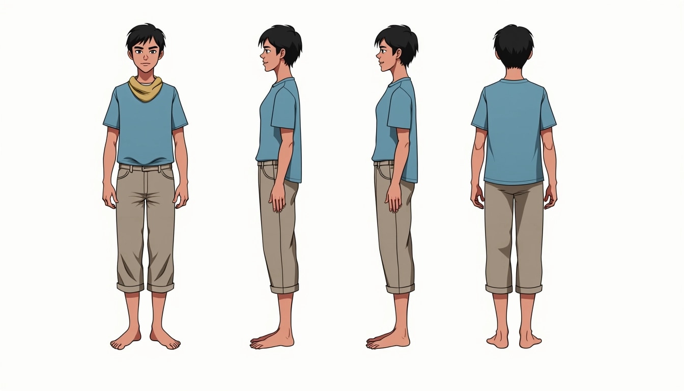 **Character Design Breakdown:**
- **Pose:** The character stands in a neutral position, facing both front and back views.
- **Attire:**
- **Top:** A short-sleeved, solid-colored shirt (change to light blue).
- **Bottom:** Loose-fitting pants that taper at the ankles (change to khaki color).
- **Accessory:** A folded piece of fabric draped around the neck (change to a simple belt).
- **Facial Features:**
- **Hair:** Short, wavy hairstyle (change to straight and black).
- **Expression:** Neutral with a slight frown (change to a subtle smile).
- **Footwear:** Barefoot (keep as is).
- **Skin Tone:** Medium (adjust slightly lighter).
- **Background:** Plain white (keep as is).
This breakdown reflects a new design while maintaining the original structure.