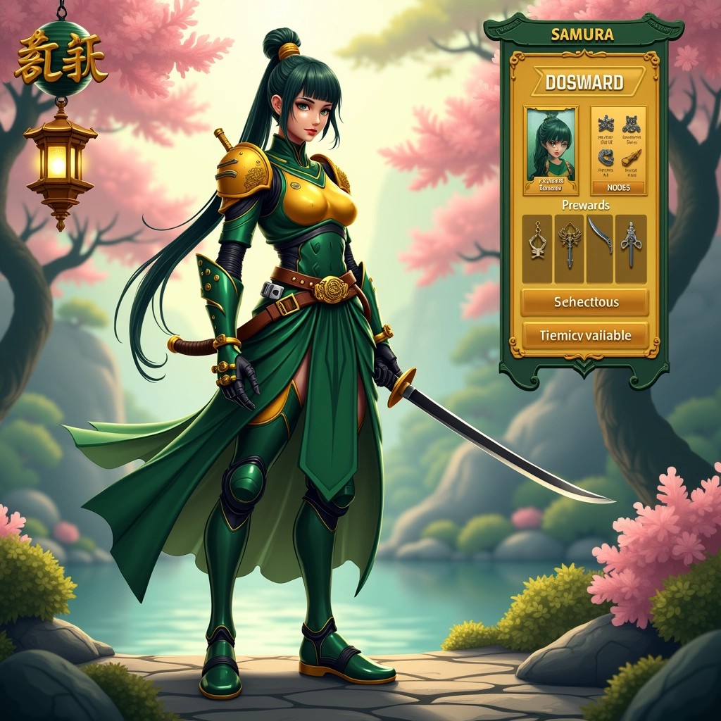 **Image Design Breakdown:**
1. **Character Design:**
- Change the character’s overall color scheme to green and yellow.
- Alter the outfit to a sleek, futuristic samurai armor instead of robotic armor.
- Modify the character's pose to a fighting stance with a katana.
2. **Background:**
- Replace the high-tech facility with a serene, ancient Japanese garden.
- Incorporate cherry blossom trees and a tranquil pond in the background.
3. **Foreground Elements:**
- Swap the spherical object with a traditional Japanese lantern.
- Change the lighting effect to simulate a soft sunset glow.
4. **Text Elements:**
- Remove all brand names and replace with generic titles like “Legendary Warrior” and “Rewards Available.”
- Use a simple, elegant font that fits the new theme.
5. **Side Panel:**
- Instead of character cards, display various weapons or items themed around samurai lore: swords, scrolls, etc.
- Maintain a similar layout but adjust colors to harmonize with the new theme.
This reimagined concept keeps the game's essence while creating a fresh aesthetic.