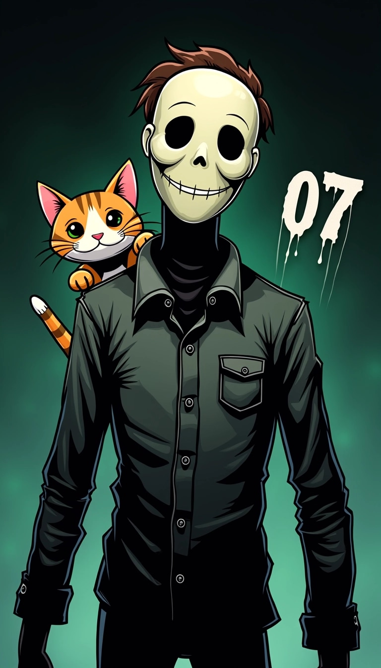 Create an illustration featuring a stylized, menacing puppet with a featureless mask. The puppet should wear a dark, tattered jacket and have a sinister grin. Include a playful, cartoonish cat beside it, with exaggerated features like big eyes and a wide smile. Instead of the number "13," use a dripping "07" in bold, graffiti-style lettering. Set the background to a spooky gradient of dark green and black to enhance the eerie atmosphere.