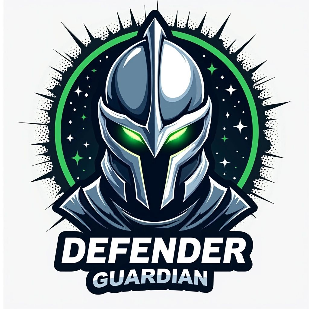 Create an image design featuring a futuristic warrior helmet instead of a knight's helmet. Change the helmet color to a gradient of silver and blue, with glowing green eyes. Replace the text "DEFENDER" with "GUARDIAN" in a bold, modern font at the top. Incorporate geometric shapes around the helmet and add a starry background instead of dots. Below the helmet, use a description that emphasizes strength and protection, avoiding specific brand references. Remove any logos or brand identifiers.