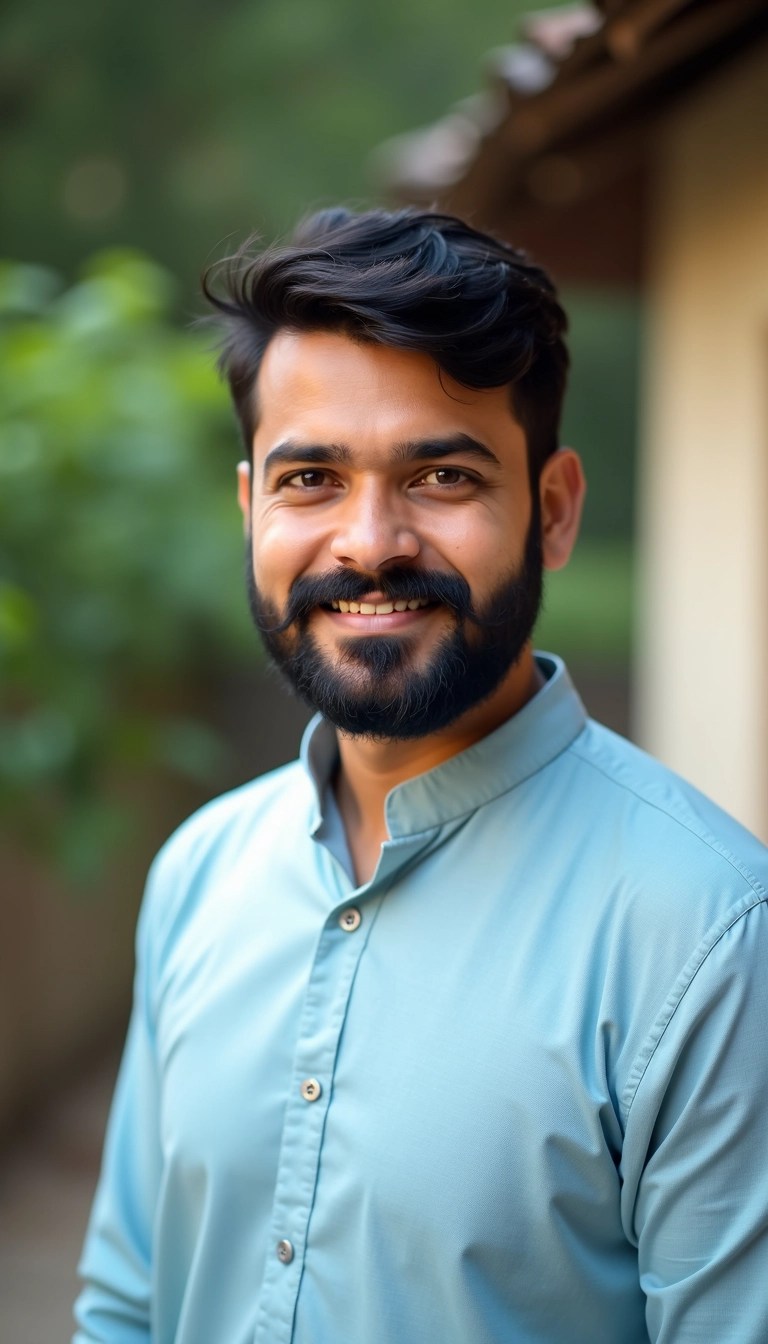 Create a portrait of a man with a medium-length beard, wearing a light blue kurta. He should have a neutral expression, looking directly into the camera. The background can feature a blurred outdoor setting with greenery. Instead of a vehicle frame, use a simple, unadorned wall or background that suggests a relaxed ambiance. Remove any specific brand elements or logos from the scene. Adjust the lighting to be softer and warmer for a welcoming feel.