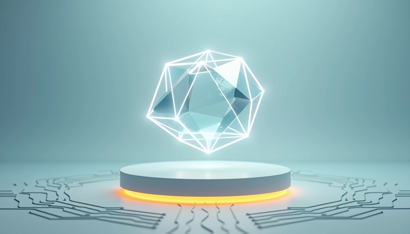 Create an image featuring a floating geometric shape with a glowing outline, hovering above a circular pedestal. The background should be a soft blue gradient, and instead of a brain, use a transparent crystal-like object at the center. The base of the pedestal should radiate a yellow light, and surrounding the pedestal, include abstract circuit patterns in a subtle gray color, avoiding any brand references.