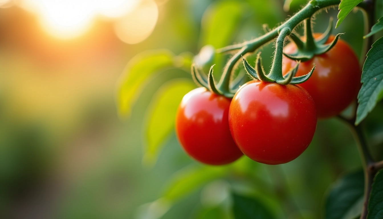 Create an image featuring a close-up of ripe cherry tomatoes hanging from vibrant green foliage. The background should show a soft-focus garden scene during golden hour, with warm sunlight casting a gentle glow. Remove any identifiable branding, ensuring the focus remains on the fresh produce and the lush environment. The overall feel should convey a sense of abundance and natural beauty.