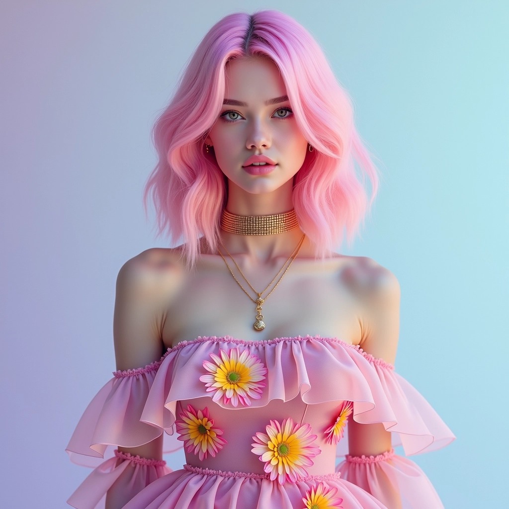 Create an image featuring a model with shoulder-length, wavy, pastel pink hair. She should have a serene expression, with soft, natural makeup emphasizing a glowing complexion and a light lip tint.
The outfit should be a flowing, off-shoulder gown made of sheer fabric with layered ruffles, incorporating vibrant floral patterns instead of embellishments.
Instead of a studded choker, she should wear a delicate necklace with a simple pendant. The background should be a soft gradient from light blue to lavender, creating a calm atmosphere.