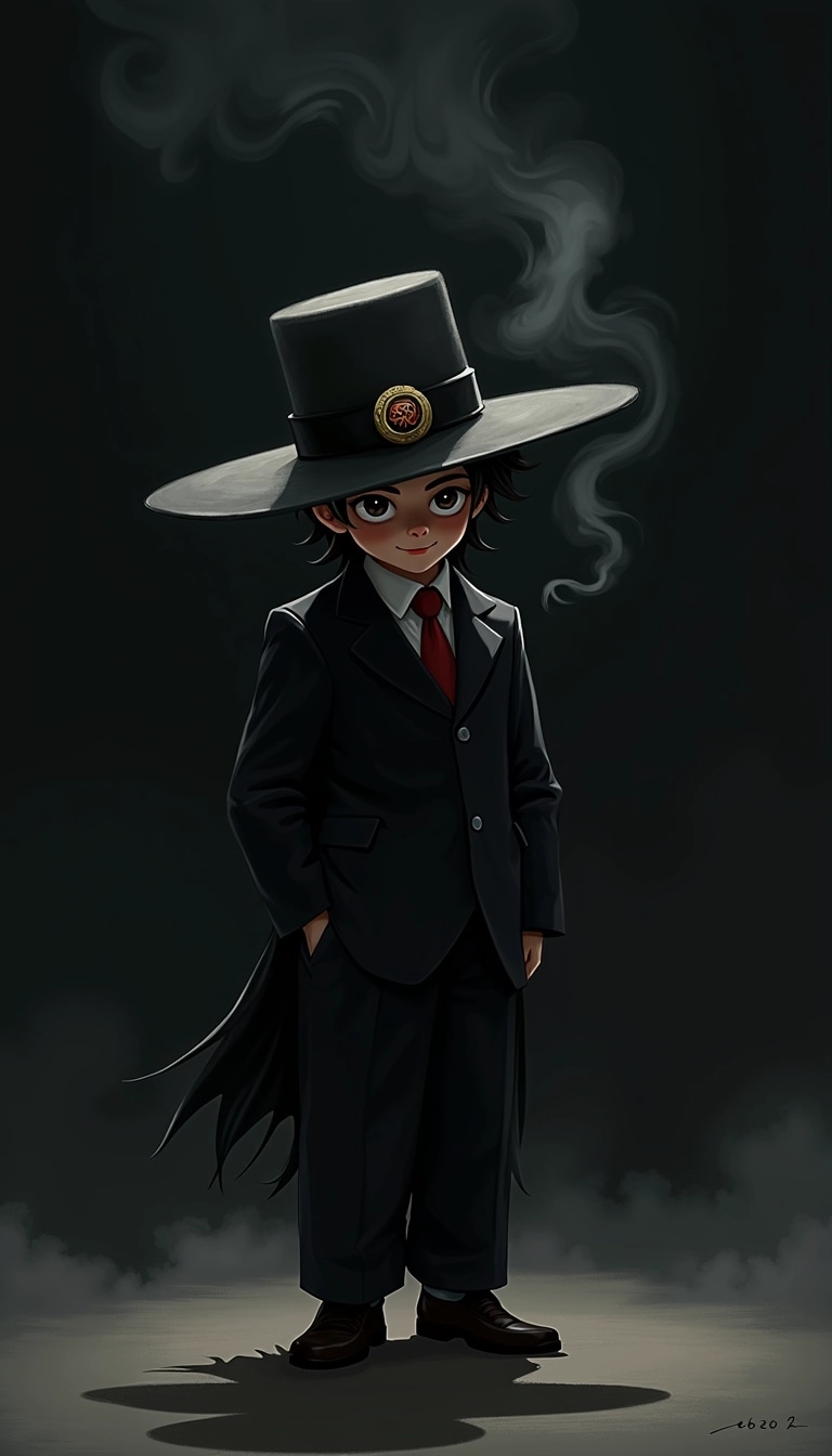 Create an illustration featuring a mysterious figure in a dark suit, standing in a shadowy environment. The figure should have a large round hat, with an illustrated emblem at the center, and a playful yet confident expression. Surround the figure with wispy smoke effects to enhance the enigmatic atmosphere, while maintaining a minimalist color palette of dark tones with subtle highlights. The background should be completely black to emphasize the figure's silhouette.