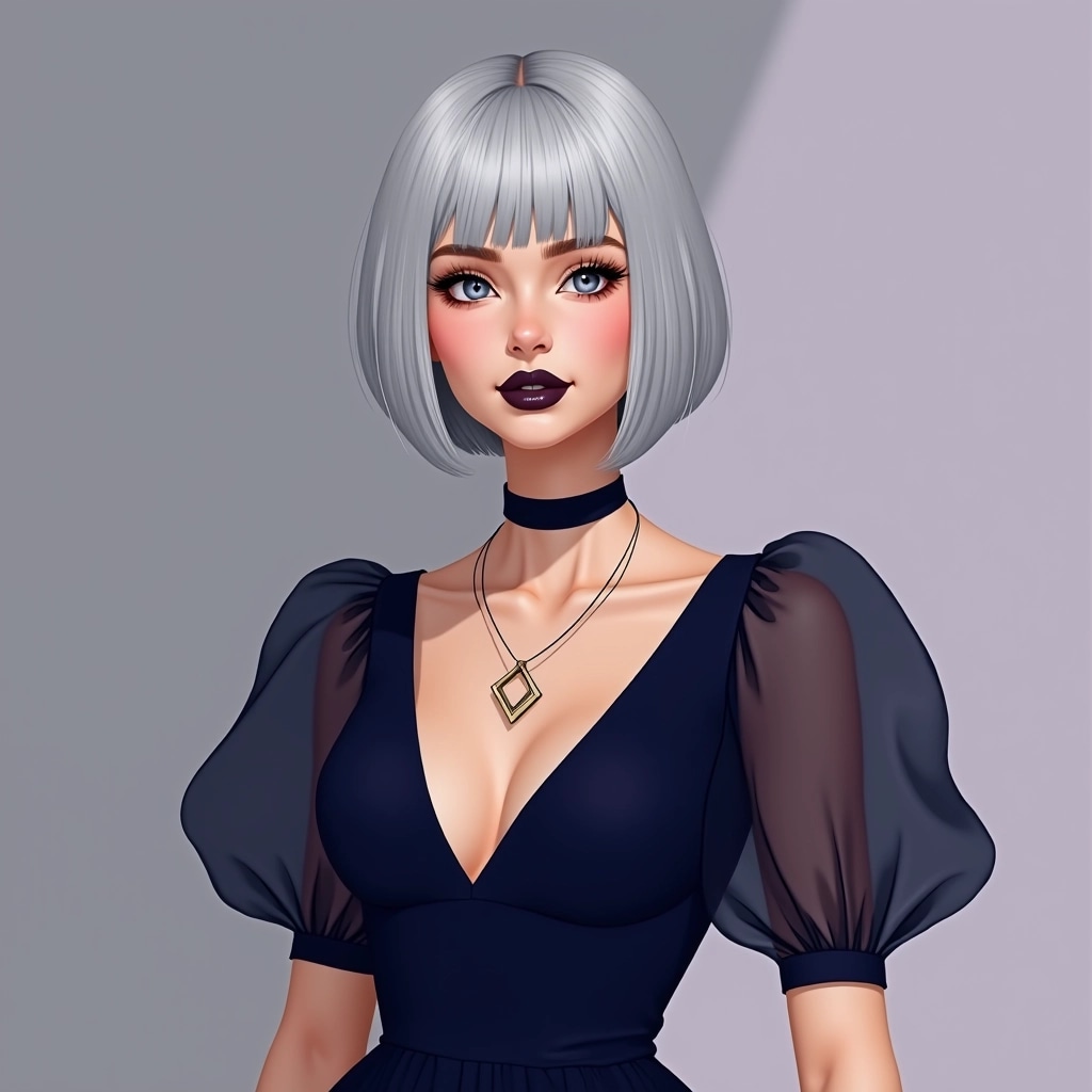 Create an image of a person with a sleek, silver bob hairstyle and a bold, dark lip color. The subject should wear an elegant, deep-cut dress in a rich navy blue. Instead of a choker, feature a delicate, minimalist necklace with geometric shapes. Add sheer, puffed sleeves to the dress for a modern touch, and ensure the background is a soft gradient from grey to lavender.