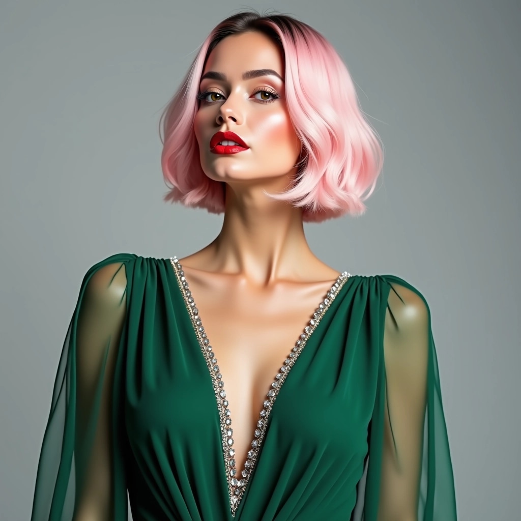 Create an image featuring a model with a sleek, pastel pink bob haircut. She should wear a deep v-neck gown in a rich emerald green, accented with soft, flowing sleeves made of sheer fabric. The neckline can be adorned with delicate, sparkling gemstones that catch the light. Replace the bold red lipstick with a soft nude shade for a more understated look. The background should remain a muted gray to maintain focus on the model and her attire.