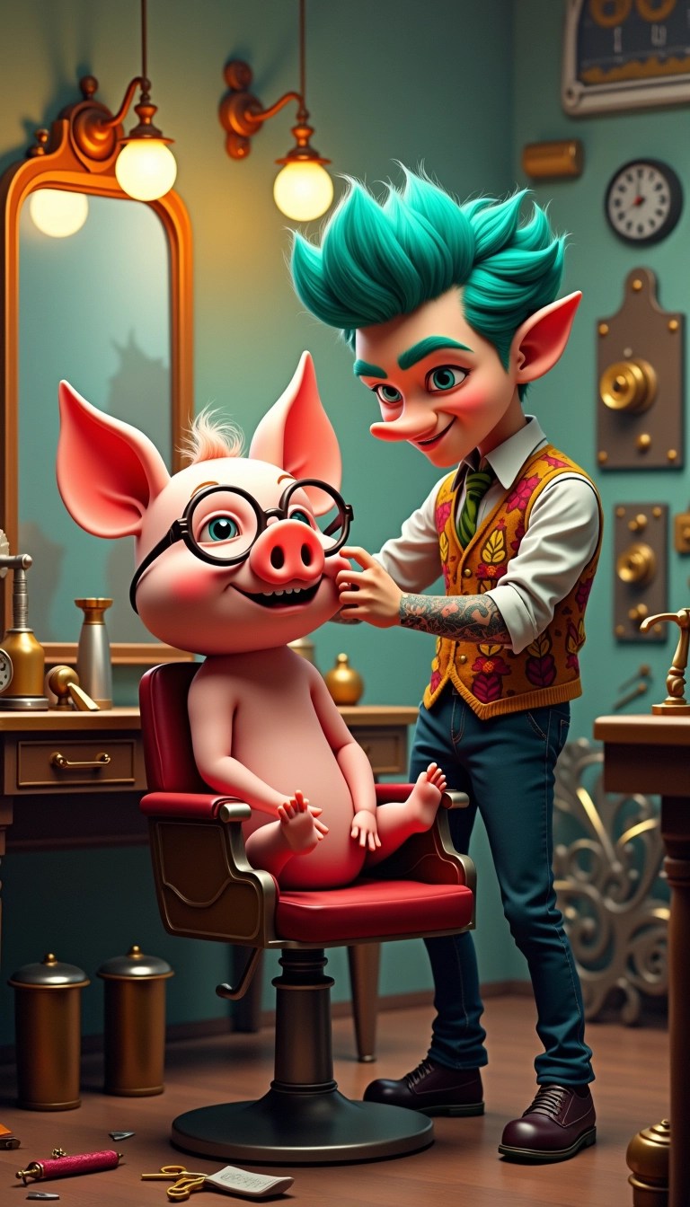 **Prompt:**
Create an image featuring a whimsical, retro-futuristic barber shop scene. The barber, a quirky character with vibrant teal hair and a mischievous smile, skillfully styles the hair of a comically oversized, anthropomorphic creature with big ears and round glasses, resembling a pig but not directly identifiable.
The barber is wearing a colorful vest with ornate patterns and has an array of quirky tattoos on his arms. The shop is filled with vintage gadgets and brass fixtures, illuminated by soft, glowing orbs. A large mirror reflects the playful chaos. Include a classic barber chair, various unique tools scattered on the counter, and playful elements like gadgets that might fluff hair or spray colors. The overall tone should be lighthearted and imaginative, emphasizing a blend of steampunk aesthetics and whimsical charm.