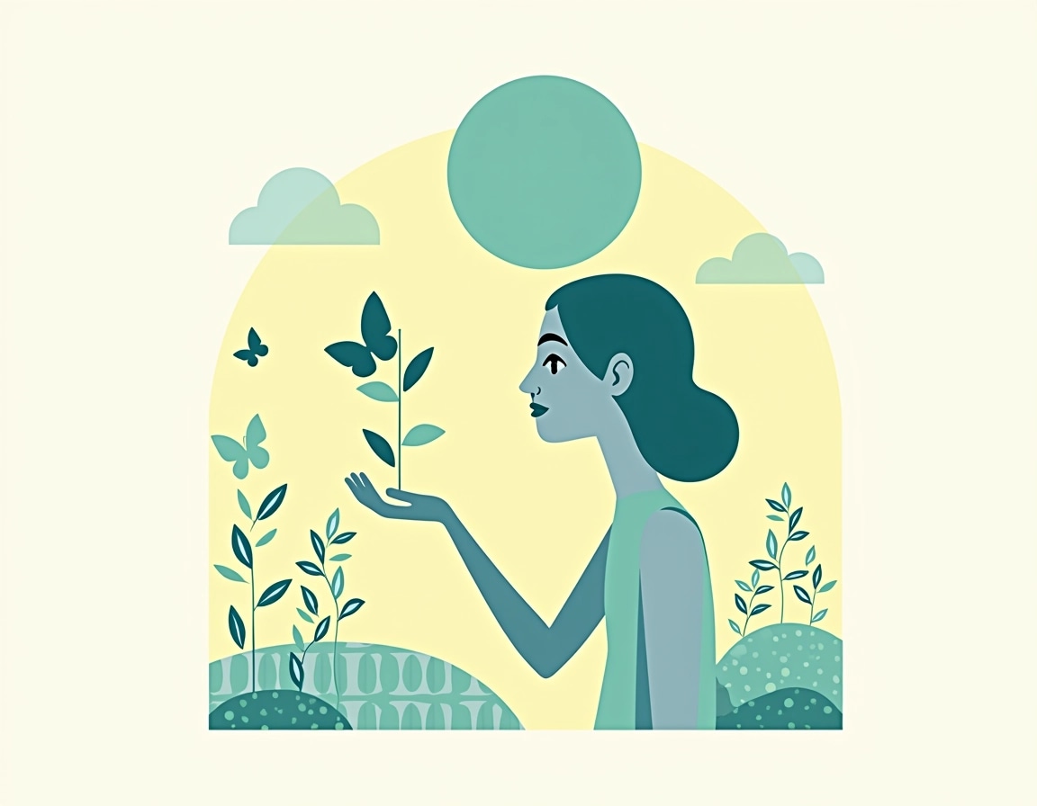 **Design Breakdown:**
1. **Background Color**: Use a soft pastel yellow instead of white for a warmer feel.
2. **Subject**: Feature a person holding a small plant instead of a bird, symbolizing growth and nature.
3. **Silhouette**: Retain the figure's pose but switch to a front view showing more of the face while keeping a minimalistic hairstyle.
4. **Geometric Shapes**: Replace the sun with a large teal circle and add more abstract lines in various shades of blue.
5. **Texture/Patterns**: Introduce circular patterns and floral elements in the background for added depth, instead of the existing building texture.
6. **Building**: Change the building to an abstract representation of a tree or a mountain for a nature-oriented theme.
7. **Hand Position**: Adjust the hand's position to suggest a gesture of offering or presenting, enhancing the theme of connection with nature.
8. **Additional Elements**: Include small butterflies around the person to symbolize transformation and freedom.
This design maintains a similar aesthetic while incorporating new themes and elements.