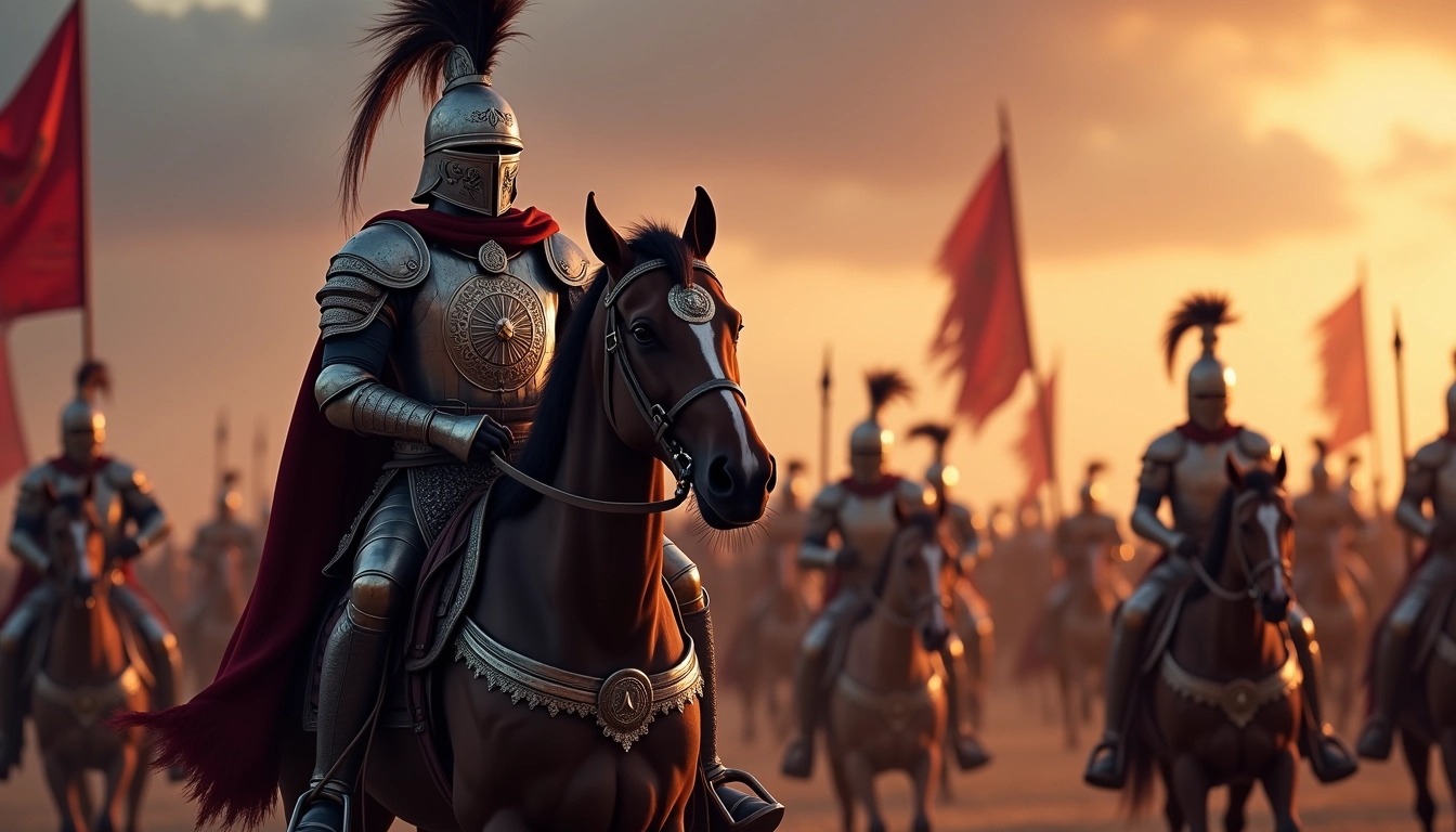 Create an image featuring a valorous leader on horseback, dressed in intricate armor with a distinct emblem on their chest. The background should feature a battalion of soldiers in varying armor colors, on horseback, with banners waving high. The sky should be a dramatic gradient of oranges and purples, hinting at dusk. Replace the leader's helmet with a unique design that includes feathers and add subtle markings on the armor for a tribal vibe. Exclude any specific brand references and ensure the setting feels epic and historical.