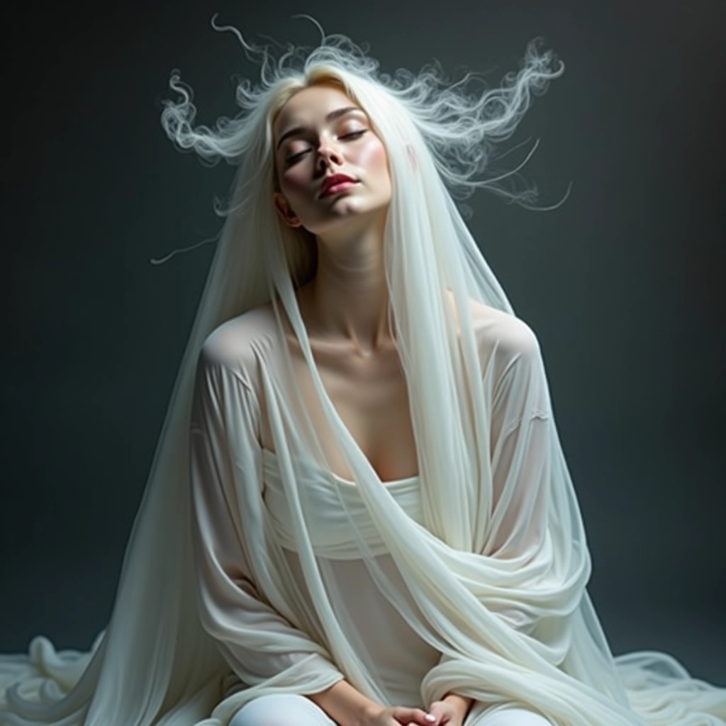 Create an image of a serene figure draped in flowing, light fabric that has a subtle shimmer, resembling a soft pastel hue instead of white. The figure should have closed eyes and an expression of tranquility, with delicate wisps of vapor or mist gently curling around their head, evoking a sense of calm and mystery. The background should be a deep, rich color to enhance the ethereal quality, creating a contrast that emphasizes the figure's peaceful presence.