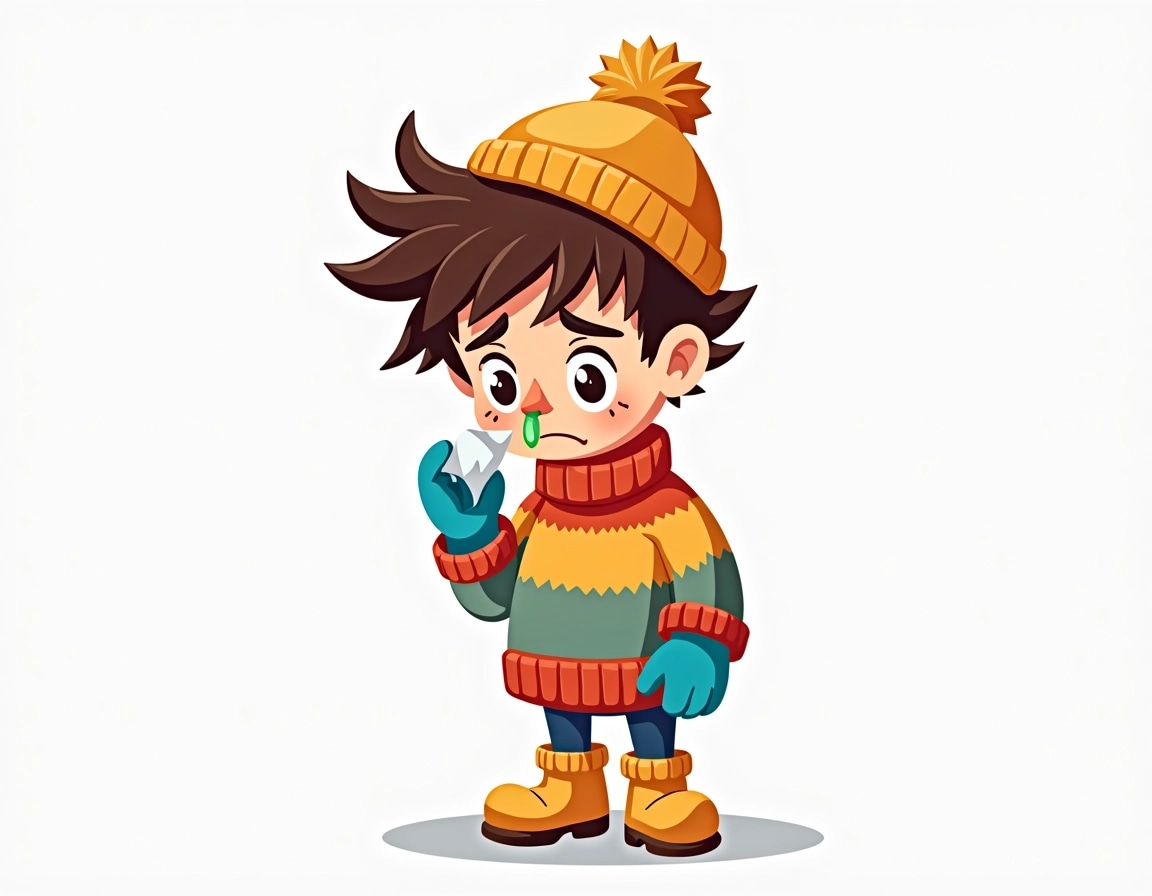 Create a cartoon character that depicts a person feeling unwell during the winter. This character should have messy, spiky hair, wearing a bright beanie with a pom-pom. They should have a sad expression, with droopy eyes and a slight frown, and a green snot droplet hanging from their nose. Dress them in a cozy, oversized sweater in a different shade, paired with mismatched gloves—one being yellow and the other a vibrant blue. Instead of boots, give them fuzzy slippers. The character should be holding a crumpled tissue in one hand while looking down at it with a sigh. The background should be plain white to emphasize the character.