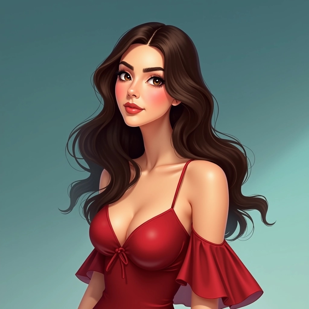 **Prompt:**
Create an image of a model with long, wavy brunette hair styled loosely. She should have warm brown eyes and a natural makeup look showcasing a subtle glow. The background should be a soft gradient of deep blue to light turquoise, adding an ethereal feel. Dress her in a flowing, soft red dress with delicate, off-shoulder sleeves. The lighting should highlight her facial features softly, casting gentle shadows to enhance depth, with a focus on capturing a serene and confident expression.