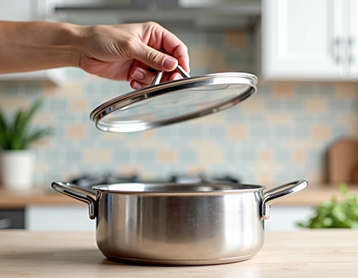 **New Design Prompt:**
Create an image of a sleek, stainless steel saucepan with a transparent glass lid being lifted by a user. The saucepan should have a modern, ergonomic handle and a slightly rounded bottom. The background should feature a contemporary kitchen with light-colored cabinetry and a tiled backsplash in soft, pastel hues. The focus is on the user’s hand, showcasing the ease of handling the lid. Ensure the cookware appears user-friendly and stylish, without any brand labels or logos.