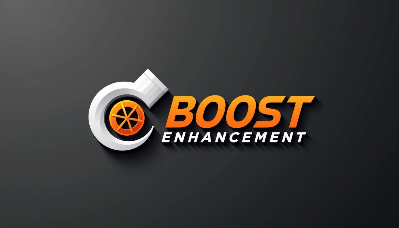 Create a logo featuring a stylized turbocharger design, incorporating a streamlined pipe with a circular turbine element. Use a bold, modern font for the word "BOOST" in bright orange and clean white for the secondary text "ENHANCEMENT." The background should be a smooth, dark grey gradient to provide contrast. Consider using sleek lines and a minimalistic approach for a contemporary look, avoiding any brand references.