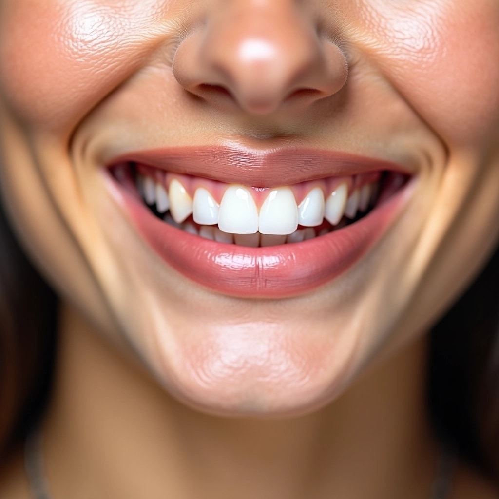 Create an image featuring a close-up of a smiling mouth with the following modifications:
1. Change the lip color to a soft peach tone.
2. Introduce a slight gap between the front teeth for a more natural appearance.
3. Alter the overall tooth shape to be slightly rounder.
4. Soften the smile by lowering the corners of the mouth slightly.
5. Adjust the lighting to create a warm and inviting ambiance.
Ensure that any brand references are omitted.