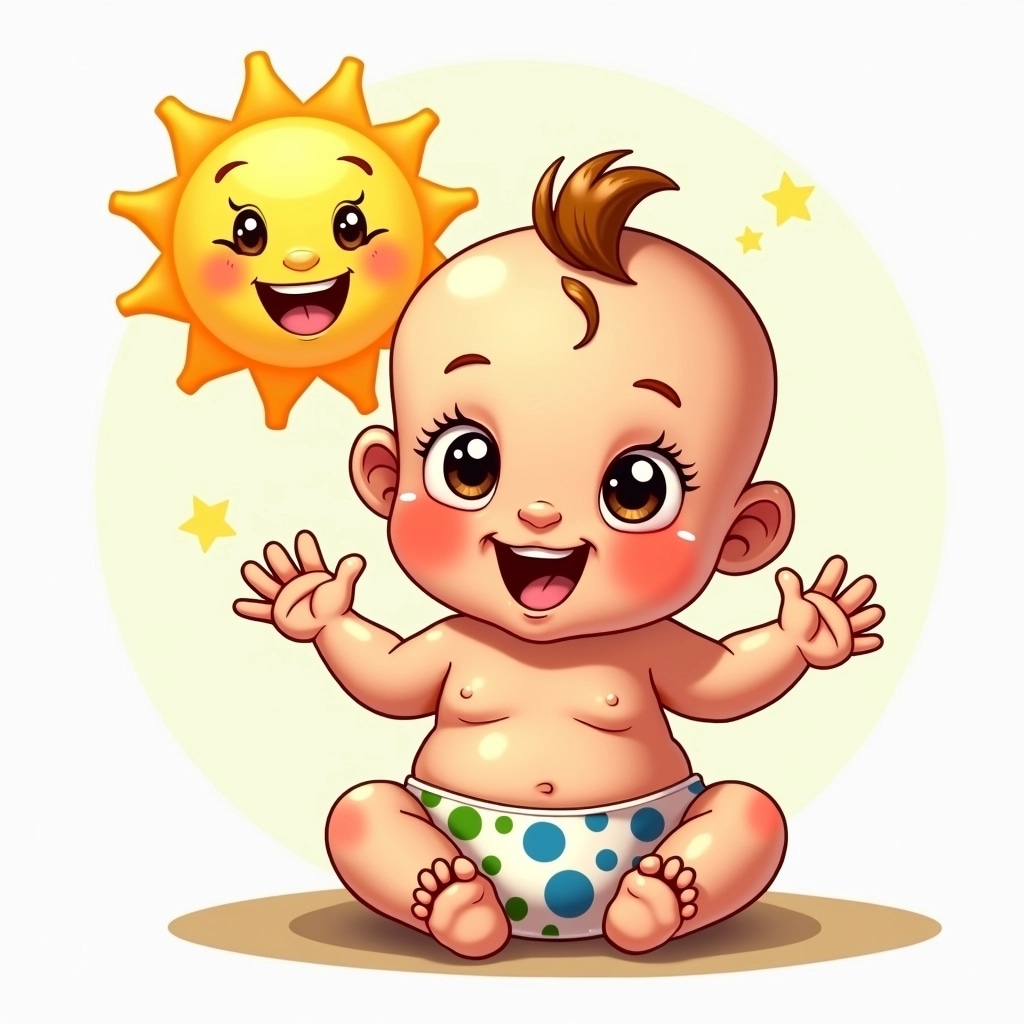 Create a character design of a friendly, chubby baby sitting down and waving.
- Change the hair to a tuft of spiky hair.
- Add a colorful onesie with polka dots instead of a diaper.
- Modify the facial expression to include larger, sparkling eyes and a big, open-mouth smile.
- Alter the feet to be slightly smaller and rounder.
- Introduce a cartoonish sun in the background with a smiling face.
Make sure to maintain a cheerful and playful overall aesthetic.