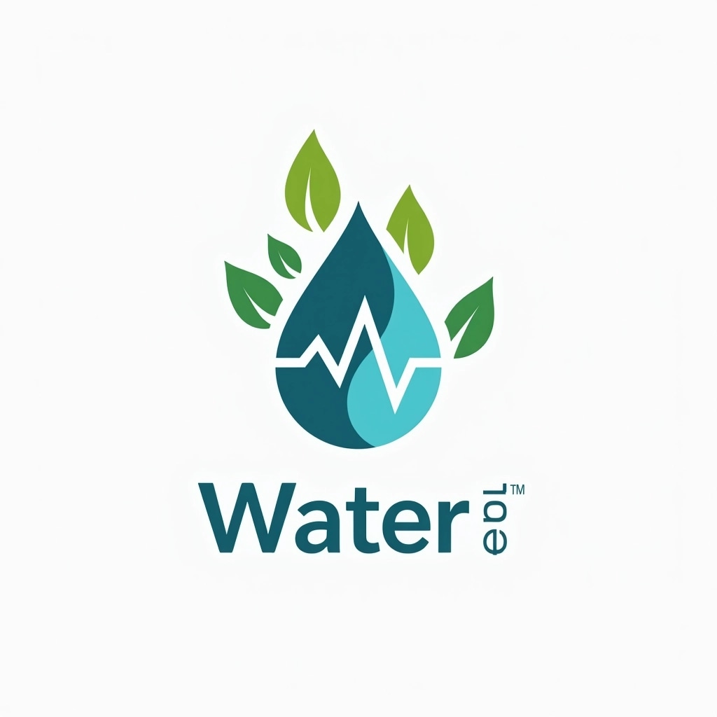 Create a logo that features a stylized water droplet in shades of blue, surrounded by abstract leaf shapes in varying greens. Instead of a running figure, incorporate a simple heartbeat line inside the droplet. The text should be in a modern sans-serif font, using a gradient from light blue to dark teal, with a name that suggests vitality and wellness.