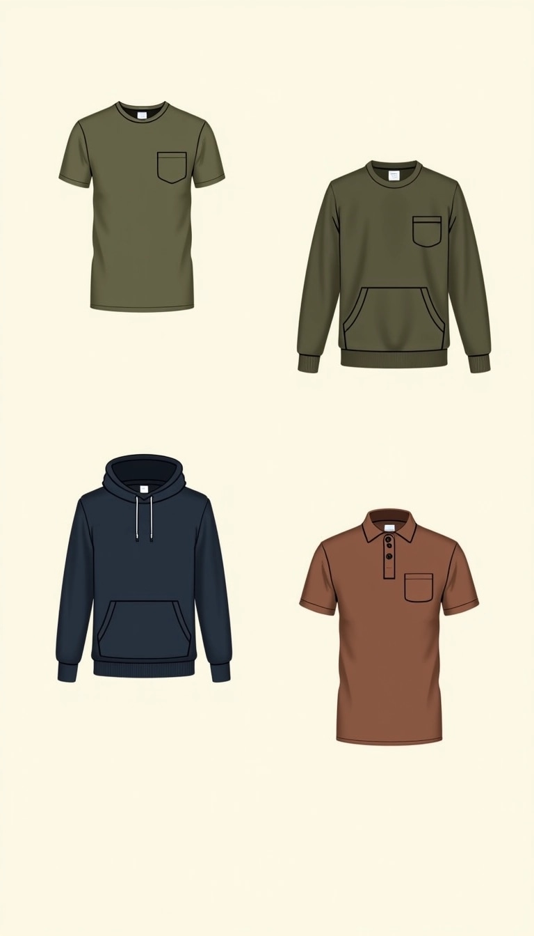 **Design Concepts:**
1. **T-shirt (Top Left):**
- Change the neckline to a subtle V-neck.
- Add a small pocket on the left chest area.
2. **Long Sleeve Shirt (Top Right):**
- Opt for a crew neck instead of a round neck.
- Incorporate a button detail on the sleeves, highlighting a slight cuff.
3. **Hoodie (Bottom Left):**
- Remove the kangaroo pocket, replacing it with side seam pockets.
- Introduce a wider hood for a more relaxed fit.
4. **Polo Shirt (Bottom Right):**
- Eliminate the collar and switch to a round neck for a more casual look.
- Add a subtle pattern or texture detail to the fabric.
**Color Palette:**
- Use earthy tones like olive green, rust, soft beige, and navy for a more timeless appeal.