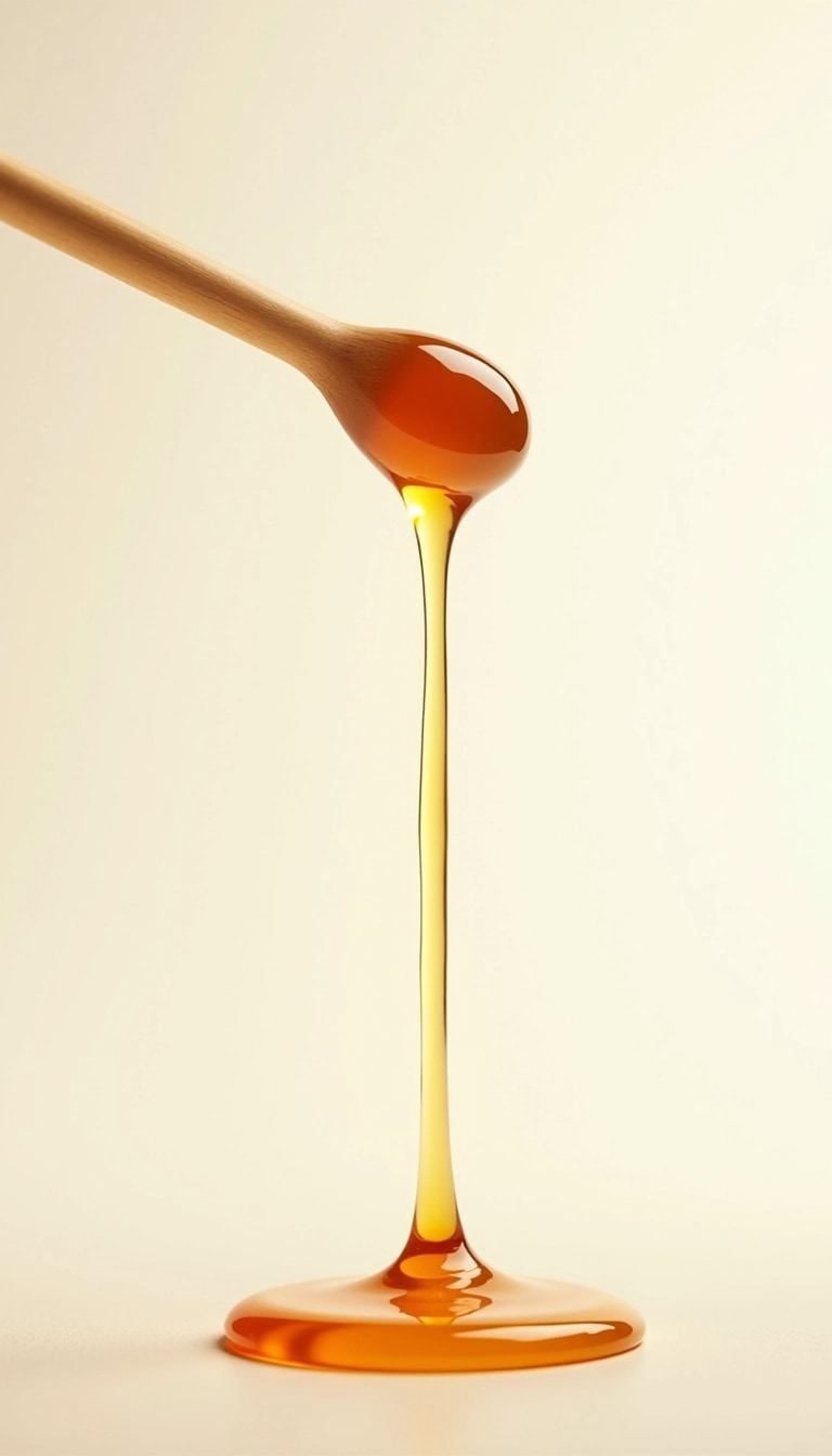 Create an image featuring a simplistic wooden stick with a rounded tip drizzling a golden, syrupy substance. Change the color of the syrup to a warm amber with a slightly translucent quality. The stick should have a smooth texture without any distinct grooves. Position the syrup in a graceful arc, with a gentle spotlight effect to enhance the sheen. Place the background as a soft gradient from light cream to white for a modern look.