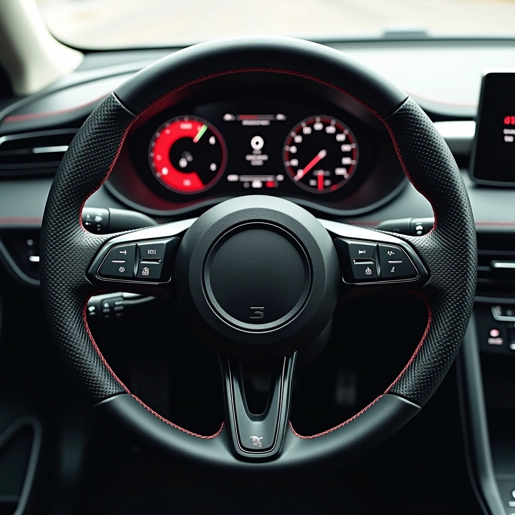 Design a car steering wheel that features a sleek, circular shape with a textured grip. The center hub should be minimalist, without any brand insignia, and incorporate a simple, geometric pattern. The buttons on the wheel should have a matte finish and include functionalities like volume control, source selection, and voice commands, arranged in an ergonomic layout. The wheel's outer edges should be slightly thicker for comfort, with a contrasting stitching color, such as bright red or green, enhancing its sporty appearance. Surrounding the wheel, replace the dashboard display with a modern, digital gauge cluster featuring customizable graphics and a cohesive color scheme that matches the stitching.