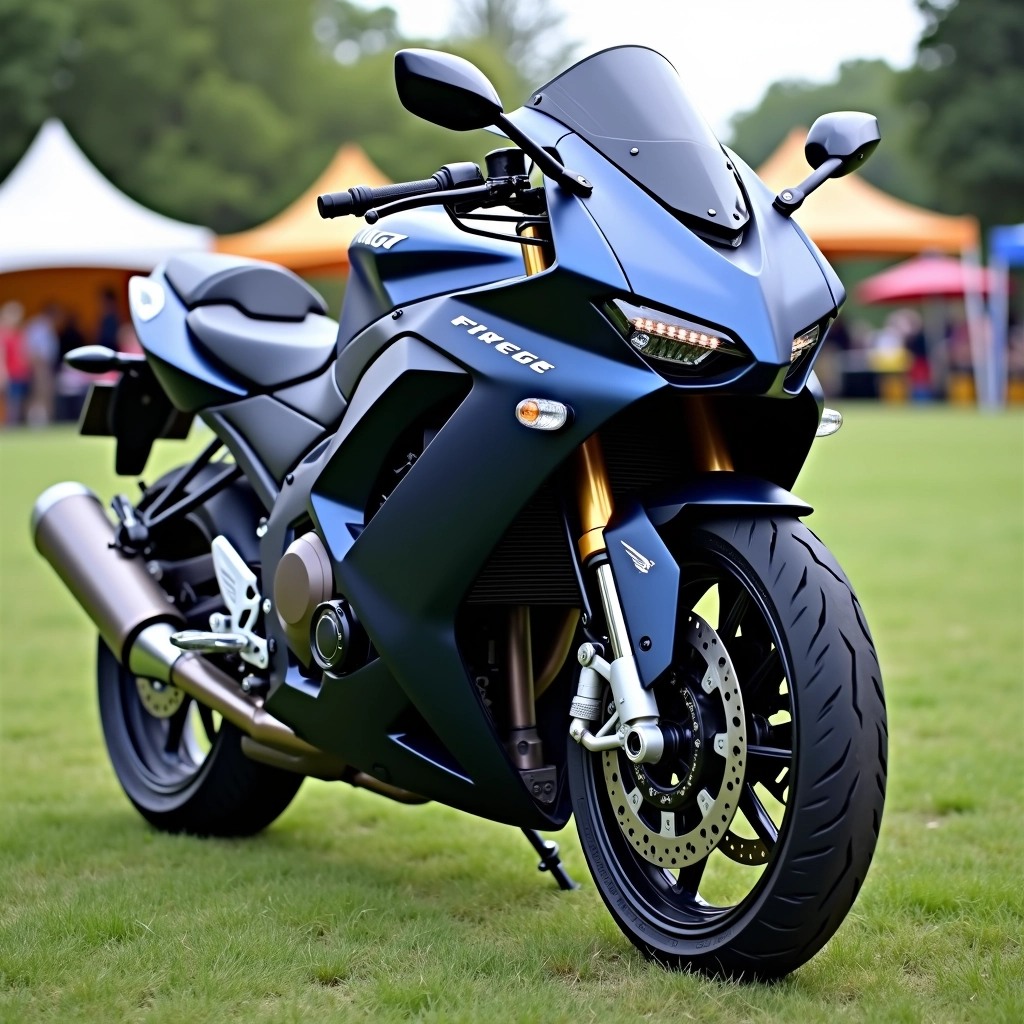 Redesign the motorcycle with the following features:
1. Change the body color from black to a matte deep blue.
2. Modify the shape of the fairing to be more angular and aggressive.
3. Replace the round headlights with sleek, elongated LED strips.
4. Change the wheels to a five-spoke design with a silver finish.
5. Add a streamlined, sporty exhaust that exits on the side.
6. Remove any brand logos or identifiers for a more generic look.
The background should remain simple, featuring a grassy area with a few tents and trees for context.