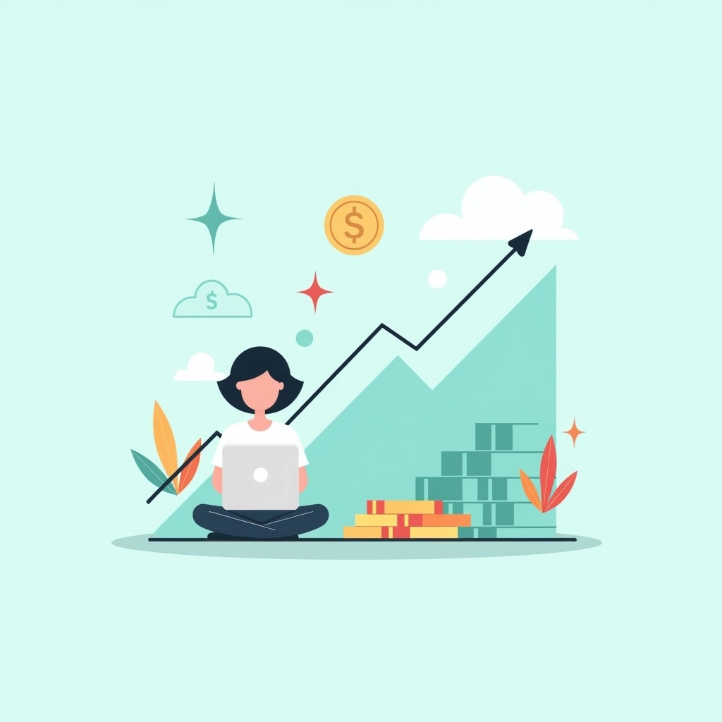 **Design Breakdown:**
1. **Background**: Light blue gradient to create an uplifting atmosphere.
2. **Main Character**: A person with a neutral expression, seated on a stack of abstract shapes, representing success and stability. Replace the laptop with a tablet.
3. **Graph**: A simplified upward trend line in a darker shade of blue, representing growth.
4. **Currency Representation**: Instead of currency notes, use abstract shapes like geometric blocks stacked next to the character to symbolize wealth.
5. **Additional Elements**: Include colorful arrows pointing upward and a simplistic cloud pattern for added depth.
6. **Color Palette**: Use pastel shades of green and orange for a fresh look, while maintaining a minimalist approach.
7. **Overall Style**: Keep it flat design with clean lines, ensuring clarity and modernity.
This reimagined version retains the concept of growth and financial success without brand references.