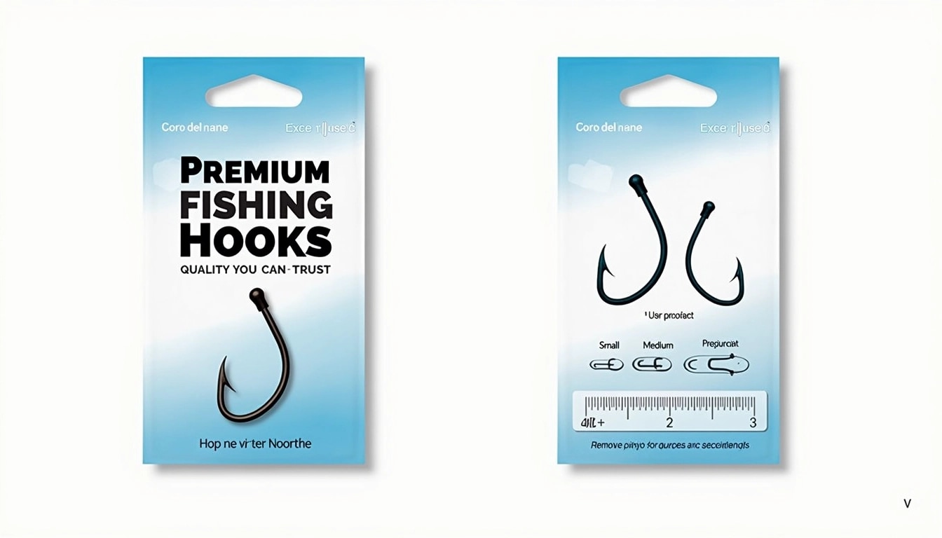 Create a new packaging design for fishing hooks. The left side features a gradient background transitioning from light blue at the top to a white base. Replace the current brand name with a generic title like "Premium Fishing Hooks" in bold, modern font, positioned at the top. Below it, include a simple tagline such as "Quality You Can Trust." 

On the right side, display a single, larger fishing hook with an accompanying selection of three hooks below it, each labeled with sizes like "Small," "Medium," and "Large." Add a ruler graphic at the bottom for size reference, removing any specific brand references.
