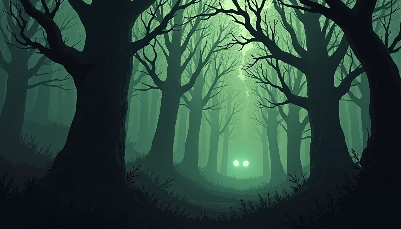 Create a dark and eerie forest scene featuring tall, shadowy trees with twisted branches. The background should be foggy, enhancing the mysterious atmosphere. Instead of glowing eyes, include faintly glowing shapes peeking out from behind the trees.
Position a bold, stylized title at the top, using a menacing font, and replace the original text with a fictional title that evokes curiosity about forest creatures. At the bottom, add a different name that conveys a sense of humor or satire, in a whimsical yet eerie style. Use a monochromatic color palette with hints of muted green to maintain a haunting vibe.