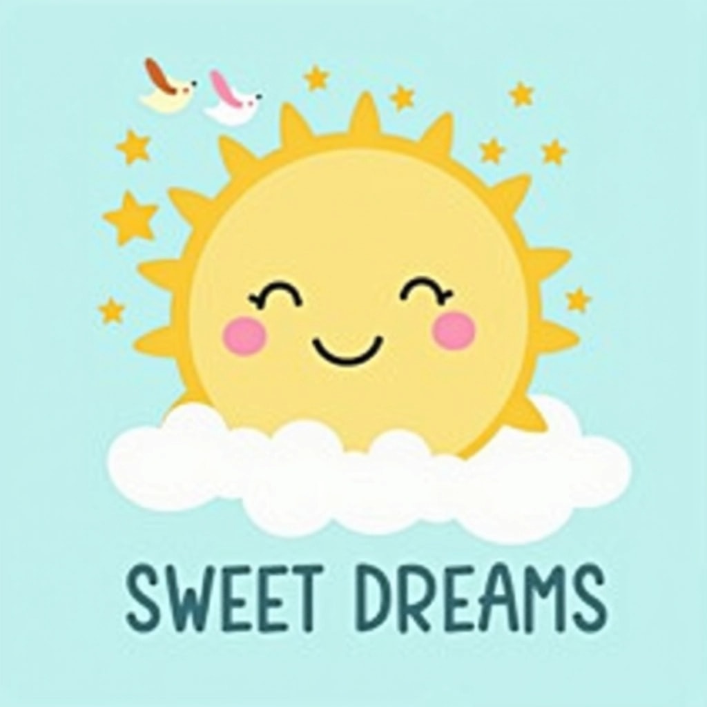 Create a design featuring a smiling sun with closed eyes on a light blue background, surrounded by fluffy white clouds. Below the sun, include the phrase "SWEET DREAMS" in a playful, rounded font. Replace the stars with small birds flying around the sun for a whimsical touch. Adjust the sun’s features by adding small rosy cheeks and changing the color of the clouds to a soft pastel hue.