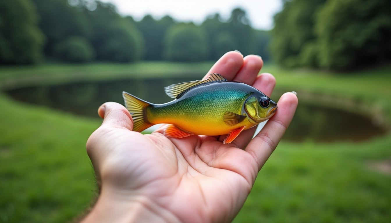 Create an image of a hand holding a small, brightly colored fish with a more elongated body shape and a smooth texture. The fish should have a vibrant blue and yellow pattern instead of green and orange, and the background should feature a calm lake surrounded by lush, green grass and trees instead of any identifiable landmarks. The hand should appear slightly larger in proportion to the fish, emphasizing its catch. Ensure there are no brand logos or identifiable objects in the scene.