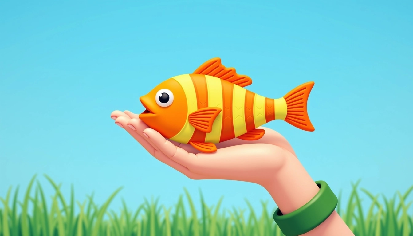 Create an image of a brightly colored fish with a slightly curved body, held in a hand that is positioned in front of a clear blue sky instead of grass. The fish should have bold patterns of orange and yellow stripes, and the hand should be wearing a simple green wristband. The focus should be on the fish, with the background softly blurred to emphasize the subject.