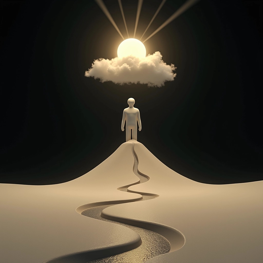 Create an image featuring a faceless humanoid figure emerging from a mound of soft, flowing sand. Above the figure, replace the cloud with a glowing orb emitting rays of light that symbolize ideas or emotions. The setting should be minimalistic with a dark background, and the ground should have a winding, reflective path leading away from the figure, suggesting exploration or journey. Add subtle textures to both the sand and the figure for depth, while maintaining an ethereal atmosphere.