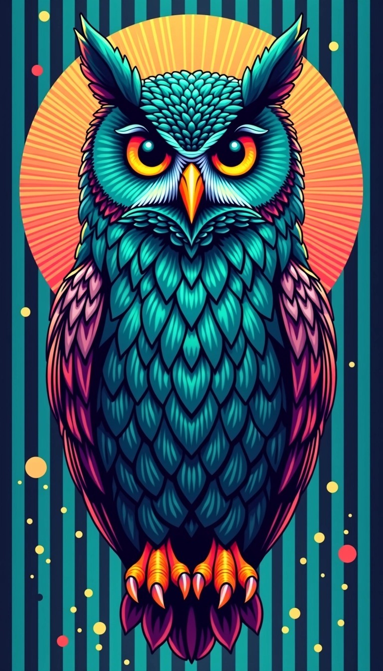 **Design Breakdown with Changes:**
- **Subject**: Replace the eagle with a stylized owl, showcasing large, expressive eyes and intricate feather details.
- **Color Scheme**: Use vibrant shades of teal and orange instead of the blue and pink tones, creating a cooler effect.
- **Background**: Alter the digital patterns from vertical stripes to circular, wave-like motifs that radiate outwards, suggesting a sense of movement.
- **Texture**: Introduce a slightly metallic sheen to the feathers to give a modern touch, contrasting with the matte finish of the background.
- **Additional Elements**: Include small geometric shapes in the background to add depth, without overwhelming the main subject.
- **Overall Style**: Maintain a bold, graphic style with clean lines, ensuring that the design remains eye-catching and impactful.