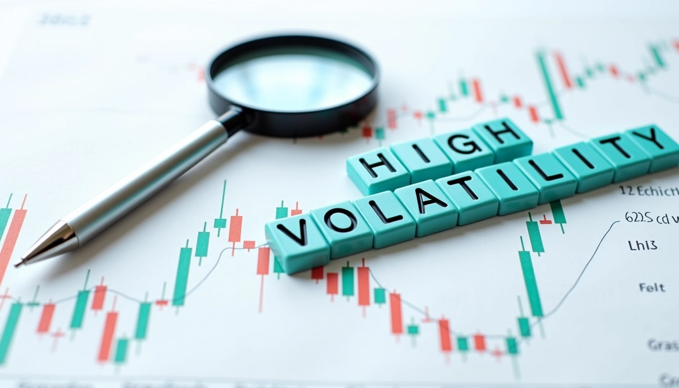 Create an image featuring a magnifying glass over a financial chart with candlestick patterns. Replace the text cubes with the words "HIGH VOLATILITY", and adjust the color scheme to a blue and green gradient. Incorporate a sleek silver pen next to the magnifying glass, positioned on a white background.