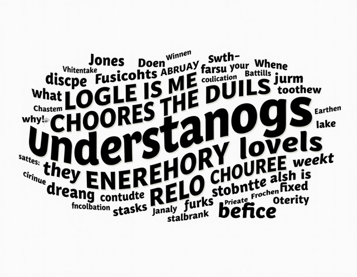 Create a black and white image featuring distorted text that creates a flowing, wavy effect throughout the design. Use various font sizes and styles to emphasize different words and phrases. Include abstract phrases that encompass themes of identity, expression, and understanding. Ensure the text is dynamically oriented, with some words slanting upwards and others downwards, creating a sense of motion. Maintain a minimalist background with no brand references, allowing the text to be the focal point of the image.