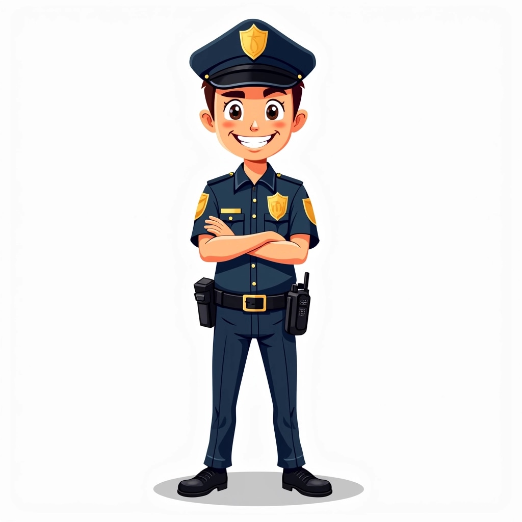Create a cartoon character resembling a security officer. The character should have a friendly smile and crossed arms, wearing a dark blue uniform with short sleeves and a simple badge on the chest. Change the hat to a classic cap style without any markings. Instead of handcuffs, add a walkie-talkie attached to the belt. The character should have darker trousers with a sleek design and casual black shoes. The background should be simple and white for focus.