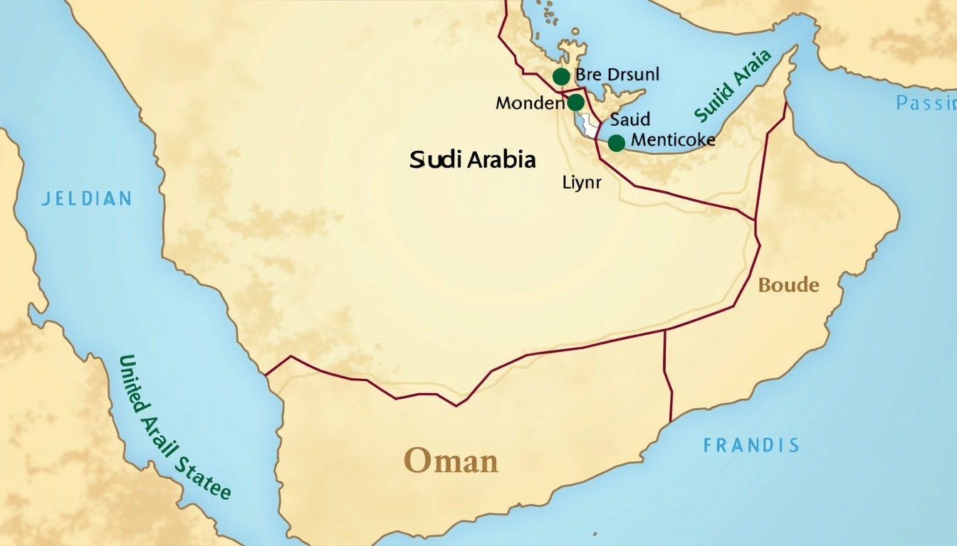 Create a map of the Arabian Peninsula featuring the following design changes:
1. **Color Scheme**: Use a gradient of soft blues and sandy yellows for land and water.
2. **Highlight Areas**: Instead of using red squares, use circular markers in green to indicate capital cities.
3. **Labels**: Change the font to a more modern, sans-serif style and make the text slightly larger for better readability.
4. **Geographic Features**: Add simplified illustrations of major mountains and deserts in a muted tone.
5. **Remove Brand References**: Omit any logos or brand names, focusing solely on the geographic content.
Ensure the map includes countries such as Saudi Arabia, Oman, and the United Arab States, along with their respective capitals.