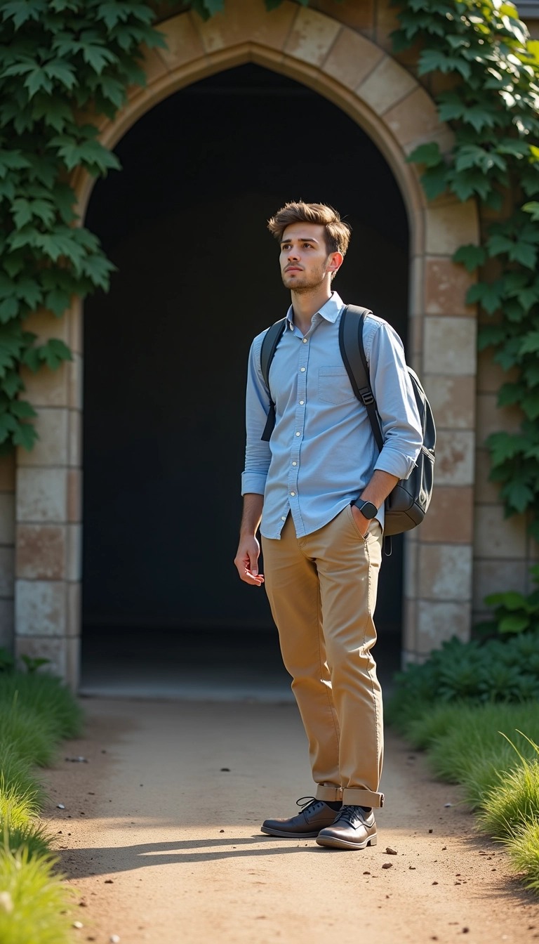 **Image Design Breakdown Prompt:**
1. **Subject Positioning**: Change the position to the left side of the frame, standing slightly angled to the camera.
2. **Attire**: Shift the shirt color to a soft blue with a lighter shade, and replace the pants with khaki chinos.
3. **Backpack**: Modify the backpack to a dark gray color without visible branding.
4. **Backdrop**: Replace the scaffolding with a more natural setting, like a stone archway covered in greenery.
5. **Expression**: Change the expression to a more contemplative pose, looking slightly upward.
6. **Lighting**: Soften the lighting to mimic a late afternoon glow for a warmer ambiance.
7. **Ground**: Instead of a structured surface, make the ground appear as a soft dirt path with some grass peeking through.
Feel free to adjust any other details as needed!