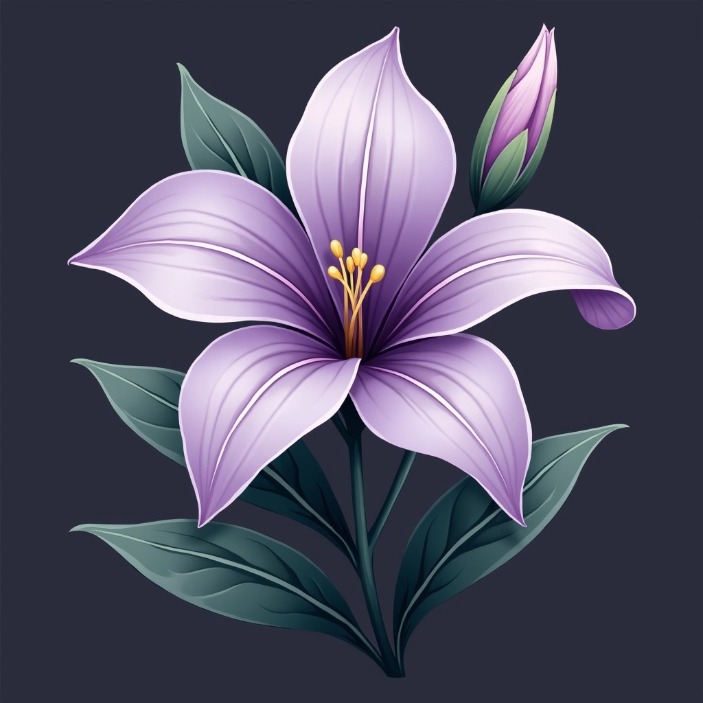 Create an artistic representation of a flower with broad, curved petals that transition from a deep lavender at the base to a soft white at the tips. Include a smaller bud nearby, and incorporate glossy dark green leaves with a slightly serrated edge. Use a muted, dark background to emphasize the colors of the flower and leaves, ensuring that there are no brand references.