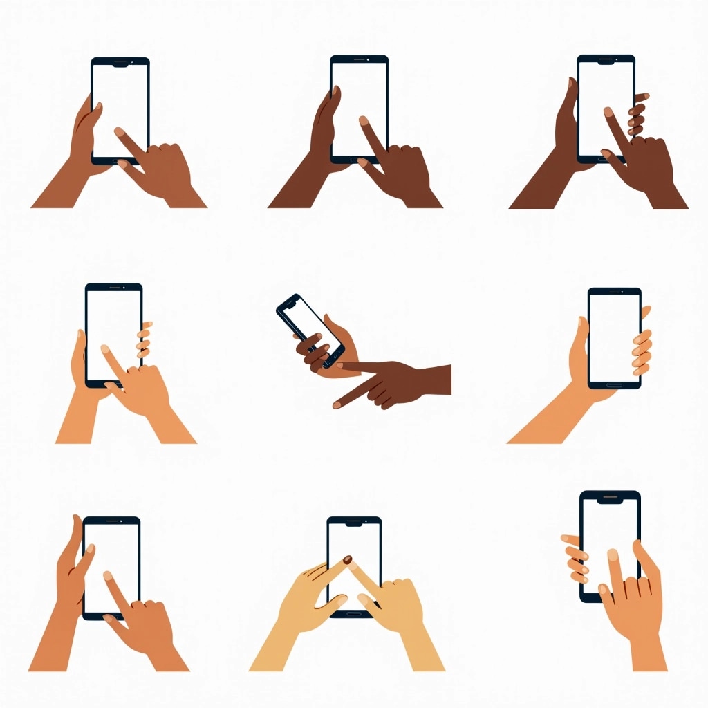 Create a series of images featuring various hand gestures interacting with a generic smartphone. Use diverse skin tones for the hands and varying positions:
1. A hand holding a phone at eye level.
2. A hand swiping on the screen.
3. A hand adjusting the phone angle.
4. A hand resting the phone on a surface with fingers pressing the screen.
5. A hand holding the phone horizontally with a finger pointing at the screen.
6. A hand holding the phone vertically in a relaxed position.
7. Two hands together, one tapping while the other stabilizes the phone.
8. A close-up of a hand gripping the edge of the phone with a finger hovering over the screen.
Ensure all images maintain a clean, minimalistic background to accentuate the actions. No brand logos or specific phone designs should be visible.