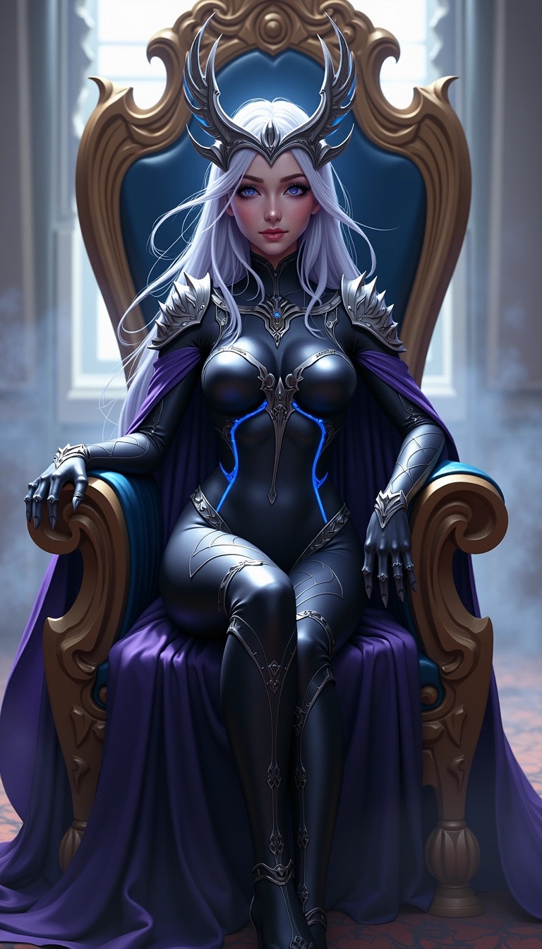 Design a character seated on a throne, exuding a dark regal aura. The character has flowing silver hair with a gradient of blue to purple at the tips, adorned with a crown featuring sharp, jagged edges instead of spikes. The attire consists of a fitted, matte black bodysuit with intricate silver and blue patterns that catch the light. Replace the armor with sleek, futuristic elements, incorporating soft glowing accents along the shoulders and arms. The throne is embellished with ornate, curving designs, and the background features ethereal, misty hues to enhance the mystical setting. The pose should convey confidence, with one arm resting casually on the armrest and a slight smirk.