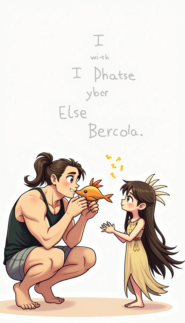 Create an illustration featuring two characters:
1. **Character 1**: A muscular person squatting, holding a whimsical creature (like a cartoonish fish or bird) in their mouth. They should have long, flowing hair tied back, wearing casual attire (like shorts and a tank top). Their expression should be playful and slightly mischievous.
2. **Character 2**: A fantasy-inspired figure (like an elf or a fairy) with long hair and decorative features (like unique hair accessories or feathers). They should wear a flowing dress with intricate patterns, looking amused. One hand should lightly hold a strand of their hair, while the other gestures toward Character 1, depicting a sense of interaction.
3. **Background**: Keep it simple and abstract to emphasize the characters, using soft lines and minimal details.
4. **Text**: Add a fun phrase above the characters, something light-hearted, without any brand references.
Adjust the style to be more cartoonish or whimsical, focusing on vibrant expressions and playful elements.