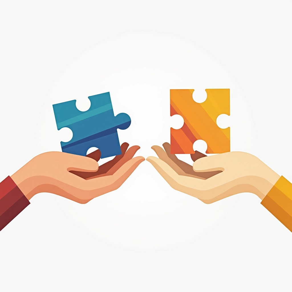 Create an image featuring two hands reaching towards each other, each holding a colorful geometric shape instead of puzzle pieces. The background should be a soft gradient instead of plain white, with a more dynamic angle showcasing the interaction between the hands. Remove any identifiable symbols or brand references from the shapes.