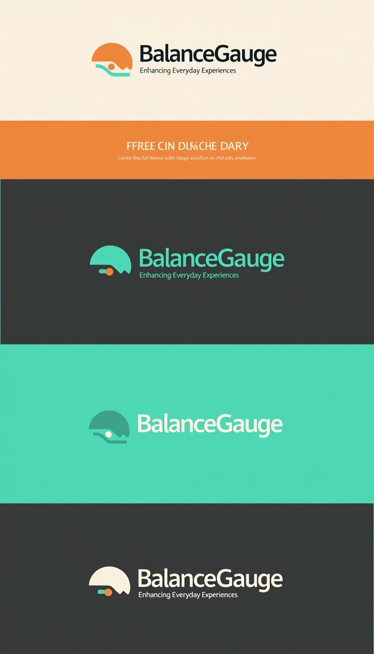 ### Design Breakdown:
1. **Color Scheme**:
- Change the orange to teal and the black to dark gray for a fresh look.
2. **Icon Element**:
- Replace the semicircular meter icon with a wave or ripple design to symbolize fluidity and movement.
3. **Text**:
- Change the brand name to "BalanceGauge" and ensure the font is more modern with rounded edges.
4. **Tagline**:
- Modify the tagline to "Enhancing Everyday Experiences" in a lighter font weight.
5. **Overall Layout**:
- Center the icon above the text rather than to the left for a more symmetrical design.
### Suggested Features:
- Use a sans-serif font to enhance readability.
- Ensure a minimalist approach with ample whitespace to keep it clean and modern.