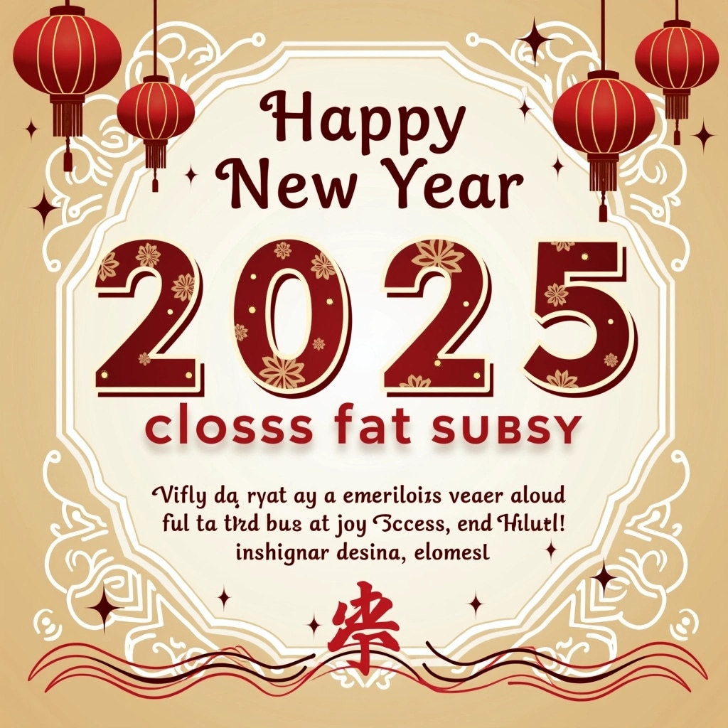 **Design Breakdown:**

1. **Background Color:** Change the background color to a rich gold or deep purple instead of red to create a different festive atmosphere.

2. **Text Style:** Use a more modern, sans-serif font for "Happy New Year" and the year "2025," ensuring they are bold and prominent.

3. **Message Content:** Modify the message to read: "Wishing you a prosperous year ahead filled with joy, success, and health!"

4. **Decorative Elements:** Replace the round lanterns with stars or floral patterns that are culturally significant, arranged around the text.

5. **Footer Elements:** Instead of brand references, introduce a subtle pattern for the footer, such as a wave design or abstract geometric shapes.

6. **Iconography:** Consider adding silhouette icons such as fireworks or a calendar to enhance the celebration theme.

This revised notion maintains the festive spirit while differentiating from the original.