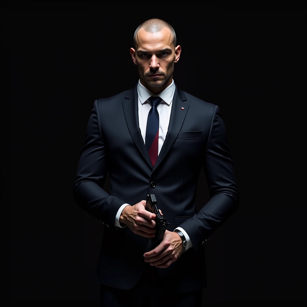 Create an image of a mysterious character in a sleek, dark suit with a minimalist design. The character has a clean-shaven head and a serious expression, standing in a dimly lit environment. Instead of a red tie, use a deep blue tie, and replace any visible branding with subtle, generic symbols. The character should be holding a futuristic-looking device instead of a firearm, with both hands clasped in front. The background should be solid black, enhancing the dramatic focus on the character.
