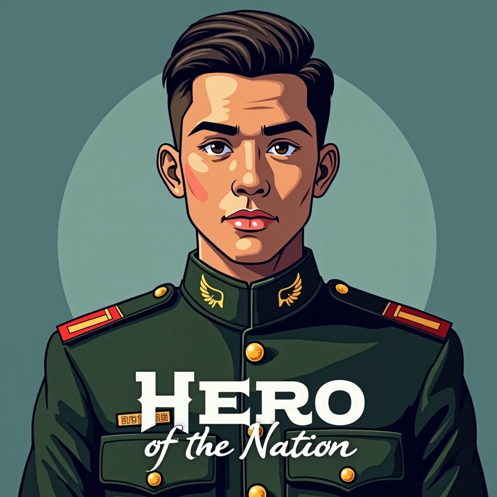 Create an image featuring a young man in a formal military uniform, but modify the following elements:
1. Change the uniform color to dark green.
2. Add distinctive insignia on the shoulders, perhaps stars instead of symbols.
3. Alter the background to a gradient of blue.
4. Replace the text with "Hero of the Nation" in a bold, modern font but keep the placement at the bottom.
5. Use a fictional name and title, without any specific dates.
This design should convey a sense of honor and strength without any brand references.